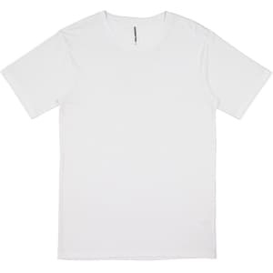A plain white men's short sleeve tee featuring a simple design and a branding logo.
