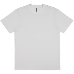 A plain white short sleeve tee with a crew neckline, featuring a logo at the label.