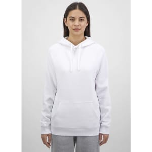 A white women's hoodie featuring a front pocket and drawstring hood, with a subtle logo on the front.