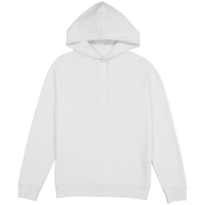 A white women's hoodie with a front pocket and adjustable drawstrings on the hood, featuring a logo.