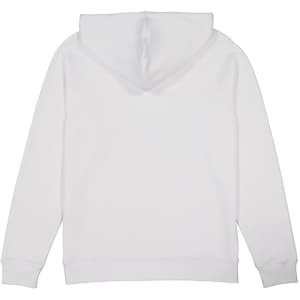 A white women's hoodie with a hood, featuring long sleeves and a simple design. Includes branding.