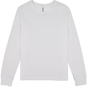 A long sleeve women's tee in white, featuring a simple design and a logo at the neck.