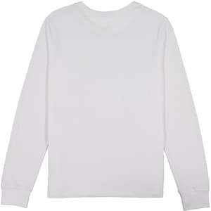 A white long sleeve women's T-shirt with a simple design and cuffs at the wrists, featuring a logo.
