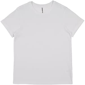A white short sleeve women's t-shirt with a plain design and a small logo.