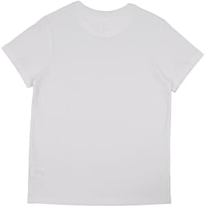A white short sleeve women's T-shirt featuring a simple design and a logo.