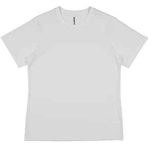 A white women's short sleeve tee with a round neckline and a subtle logo on the label.