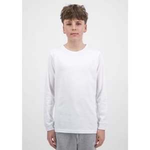 A youth long sleeve tee in white, featuring a classic crew neckline and a simple design.