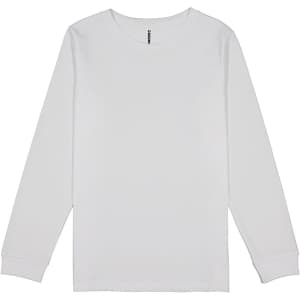 A white long sleeve T-shirt featuring a logo, designed for youth. Simple and classic in style.