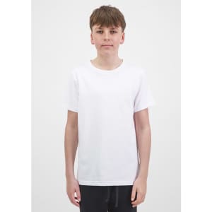 A white short sleeve tee for youth displayed on a model, featuring a simple design and a logo.