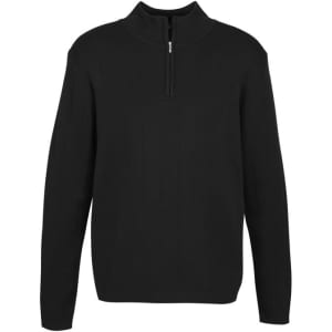 A black 80/20 wool pullover jumper with a zip collar and long sleeves. It features a logo.