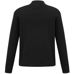 A black wool pullover with a ribbed texture and a collar, featuring a logo. The back view displays long sleeves.