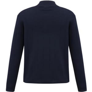 A navy blue 80/20 wool pullover featuring a ribbed texture and a high collar, with a logo on the back.