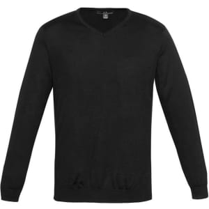 A black pullover jumper with long sleeves and a V-neck design, featuring a logo.