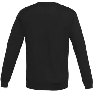 A black pullover jumper with long sleeves and a rounded neckline, featuring a logo.