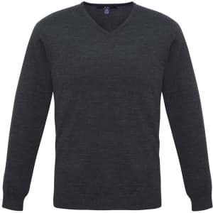 A dark grey men's pullover sweater with a V-neck and long sleeves, featuring a logo.
