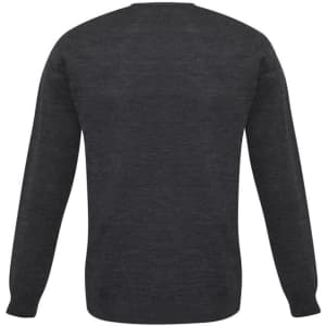 A dark grey men's pullover sweater featuring long sleeves and a simple design at the back. It has a logo.