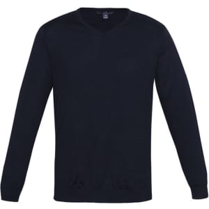 A navy blue men's pullover with a V-neck and long sleeves, featuring a logo on the chest.