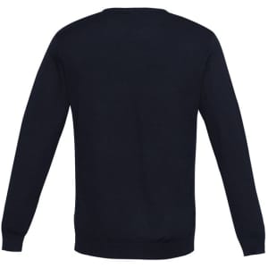 A dark navy pullover jumper with long sleeves and a round neck, featuring basic knit texture. It has a logo.