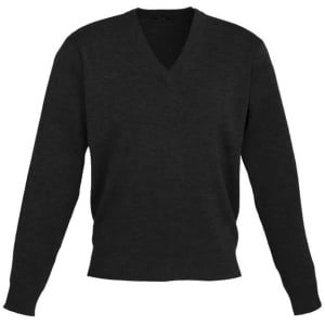 A black v-neck knitted pullover for men with long sleeves and ribbed cuffs. Features a subtle brand logo.