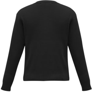 A black knitted pullover with long sleeves and a crew neck, featuring a plain back design.