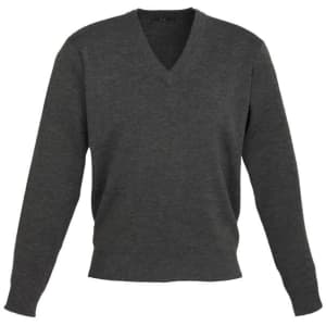 A dark grey men's woolmix knit pullover with a V-neck and long sleeves. It features a logo on the garment.