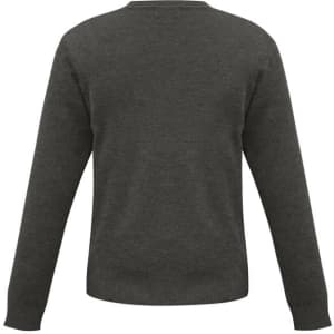 A grey knitted pullover featuring long sleeves and a round neckline, with a simple, unbranded design.