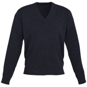 A dark grey knitted pullover featuring a V-neck design and long sleeves, with a brand logo present.