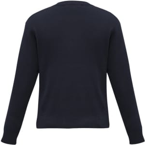 A dark navy wool-mix knitted pullover with long sleeves and a crew neck. It has a logo on the back.