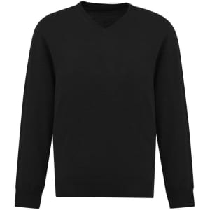 A black knit pullover with a V-neck and long sleeves, featuring a branded logo.