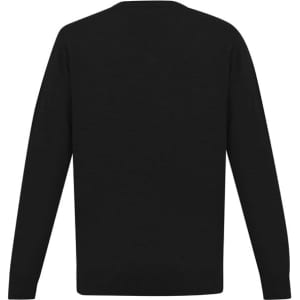 A black knitted jumper with long sleeves and a simple design, featuring a rear view. It has a branding logo.