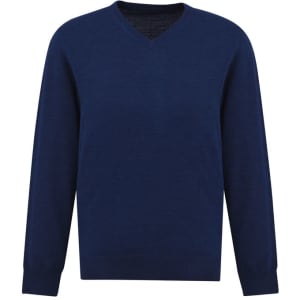 A navy blue men's knitted pullover with a V-neck and long sleeves, featuring a logo.