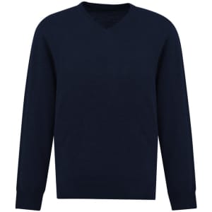 A navy knitted pullover with a V-neck design and long sleeves. It features a logo on the side.