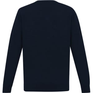 A navy blue mens knit pullover with long sleeves and a crew neck design. Features a logo on the back.