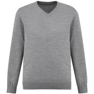 A grey knitted pullover featuring a V-neck design and ribbed cuffs. It has a small logo present.