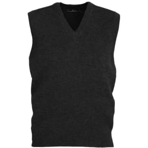 A dark grey woolmix knit vest with a V-neck and sleeveless design. Features a fitted waistband and has a logo.
