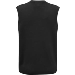 A black men's woolmix knit vest with a sleeveless design and ribbed detailing at the hem.