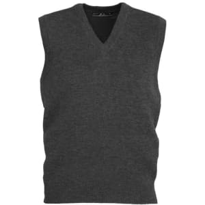 A charcoal grey men's woolmix knit vest featuring a V-neck design and ribbed hem. Includes a logo on the label.