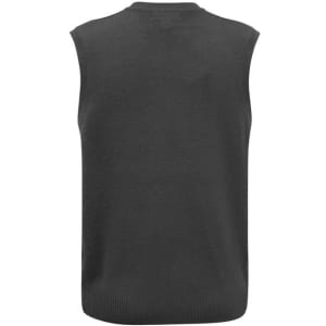A sleeveless woolmix knit vest in dark grey with a plain back and ribbed hem. It features a branding logo as well.