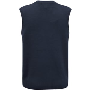 A men's woolmix knit vest in navy blue, featuring a sleeveless design and ribbed hem. The back displays a brand logo.