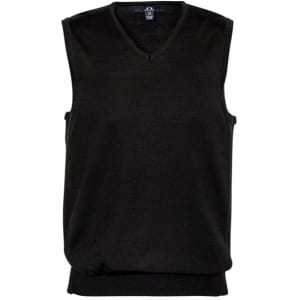 A black Milano men's vest with a V-neck design and ribbed hem, featuring a logo on the label.