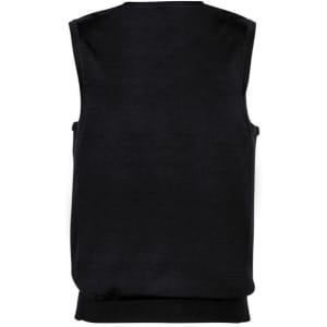 A black Milano men's vest with a sleek, sleeveless design and ribbed hem. It features a branding logo.