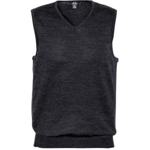 A dark grey men's vest with a V-neck design, featuring a ribbed hem and armholes, and has a logo.