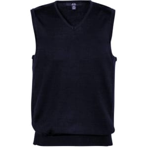 A navy blue men's vest with a V-neck design and no sleeves, featuring a logo on the neckline.