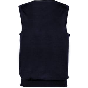 A navy blue men's vest with a simple design and no sleeves, featuring a ribbed hem and a logo.