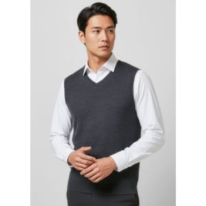 A grey Milano men's vest is displayed on a model, featuring a V-neck design and a fitted silhouette.
