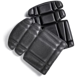 A set of black knee pads featuring a textured surface and contoured shape, arranged on a white background.