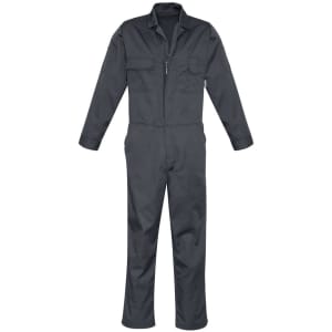 A dark grey men's service overall, featuring a zip front and multiple pockets. It has a logo displayed on it.