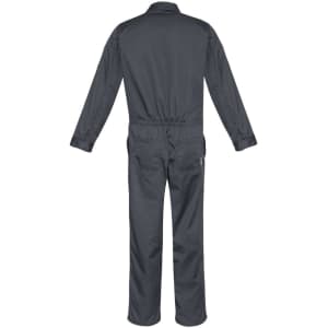 A grey men's service overall featuring long sleeves and an elastic waist, with pockets and branding visible.