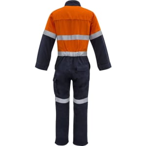 An orange and navy overall with hoop taping, featuring reflective stripes and pockets, suitable for workwear.