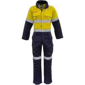 A men's overall featuring a bright yellow and navy design with reflective hoop tape. It has a logo on the chest.